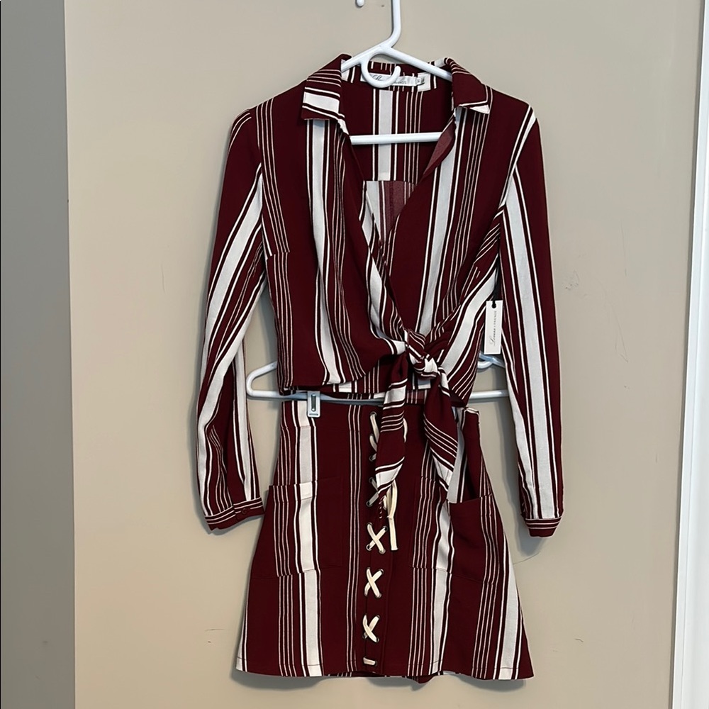 SHEIN Red and White Long Sleeve Wrap Dress